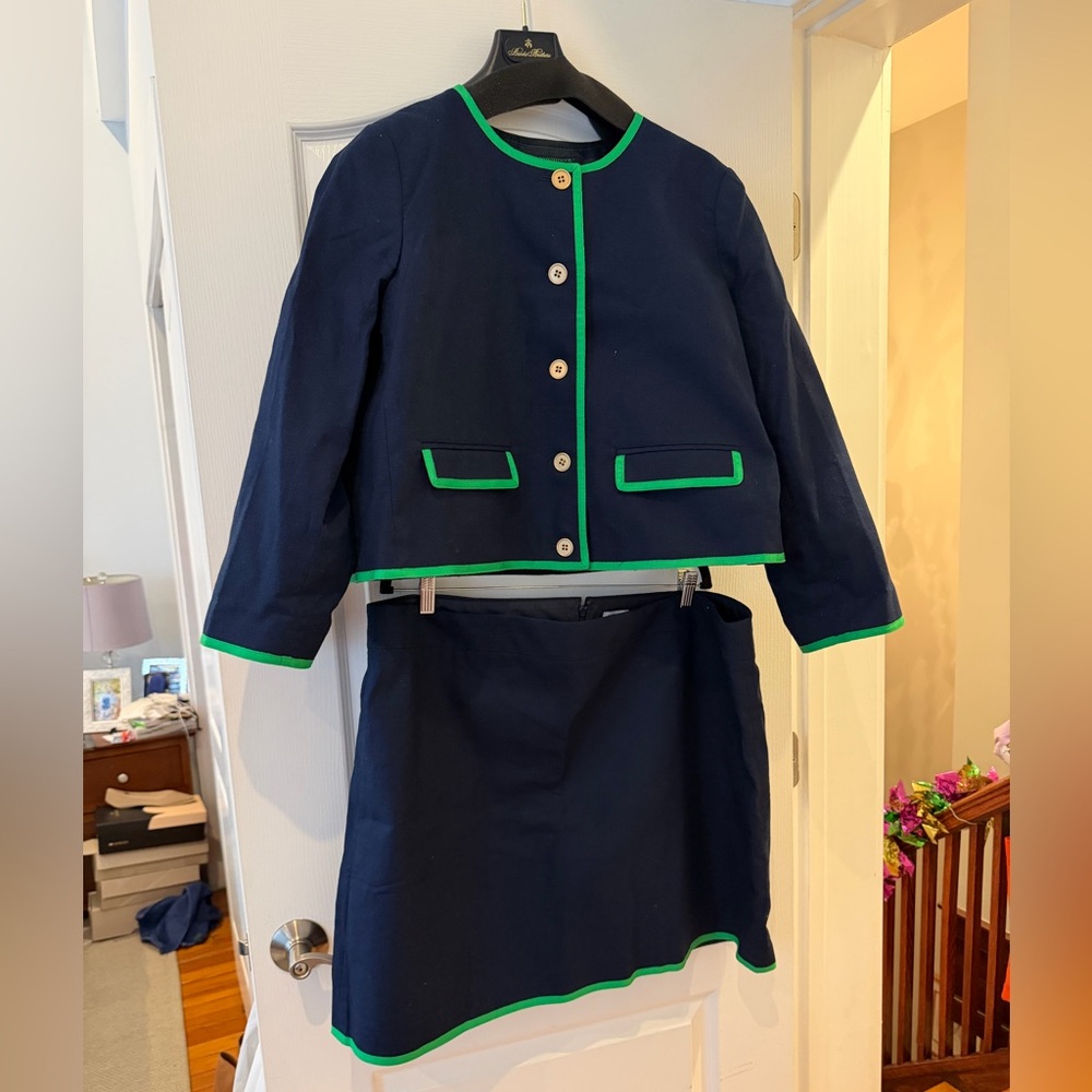 J. Crew Navy Tipped Lady Jacket and Skirt Set with Green Trim